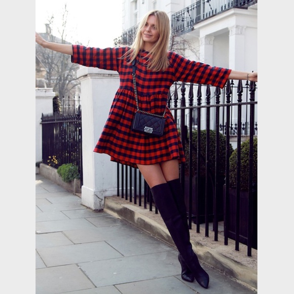 Plaid Flannel Red & Black A-line Mini Dress - Picture 4 of 8